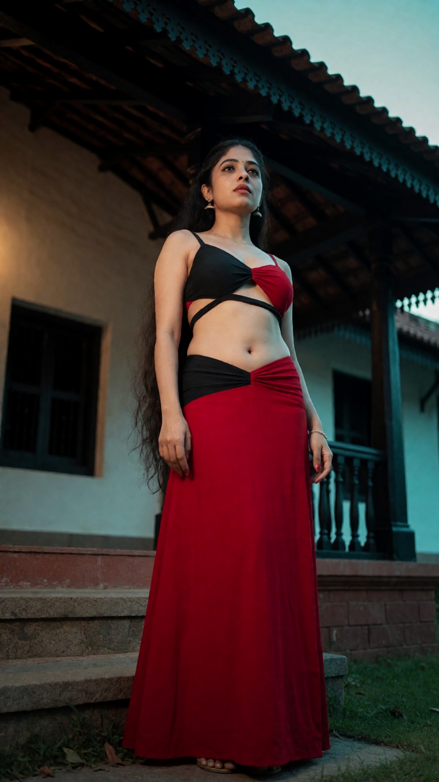 From ground level in a classic low-angle shot,  a transwoman with male skeletal frame and female look poses seductively ou...