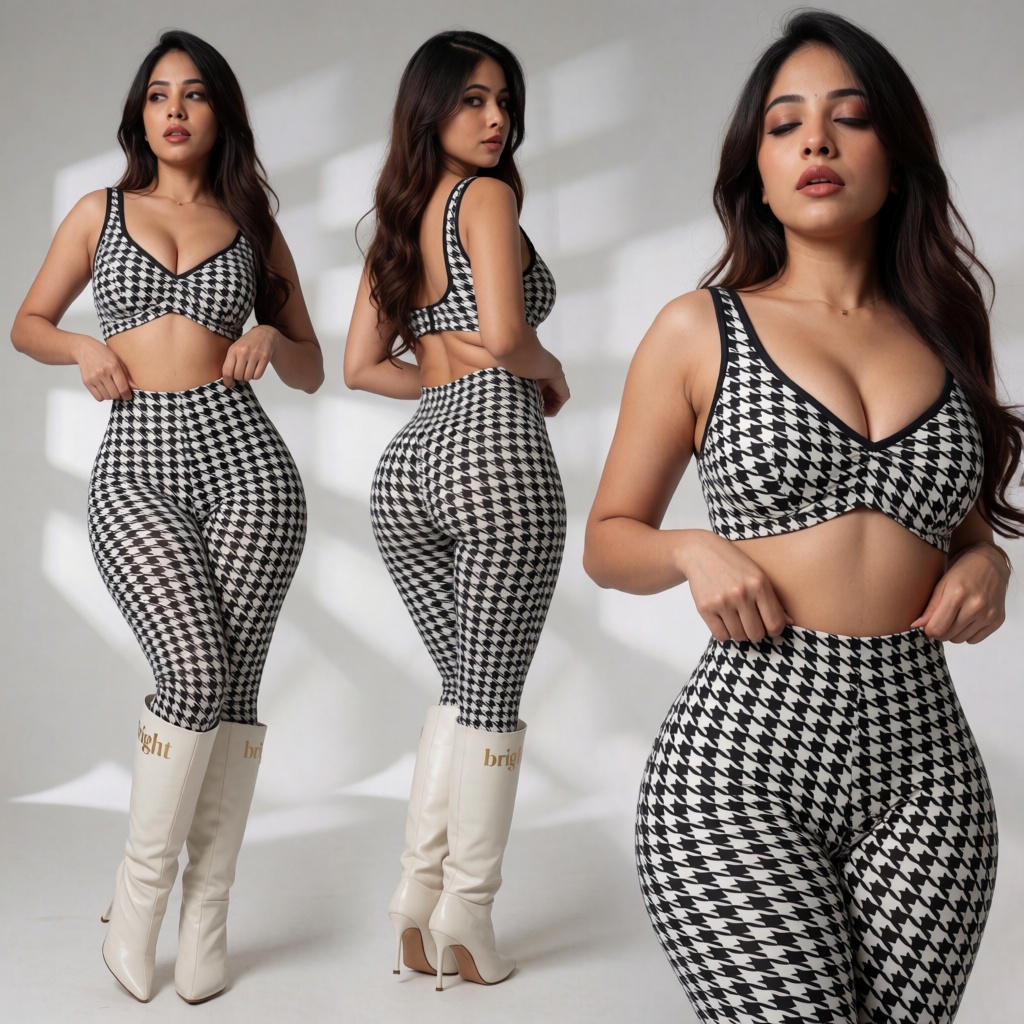 Create a scene featuring an elegant and sexy lingerie ensemble for a indian young woman. ,  Long legs,  Heavy lip makeup l...