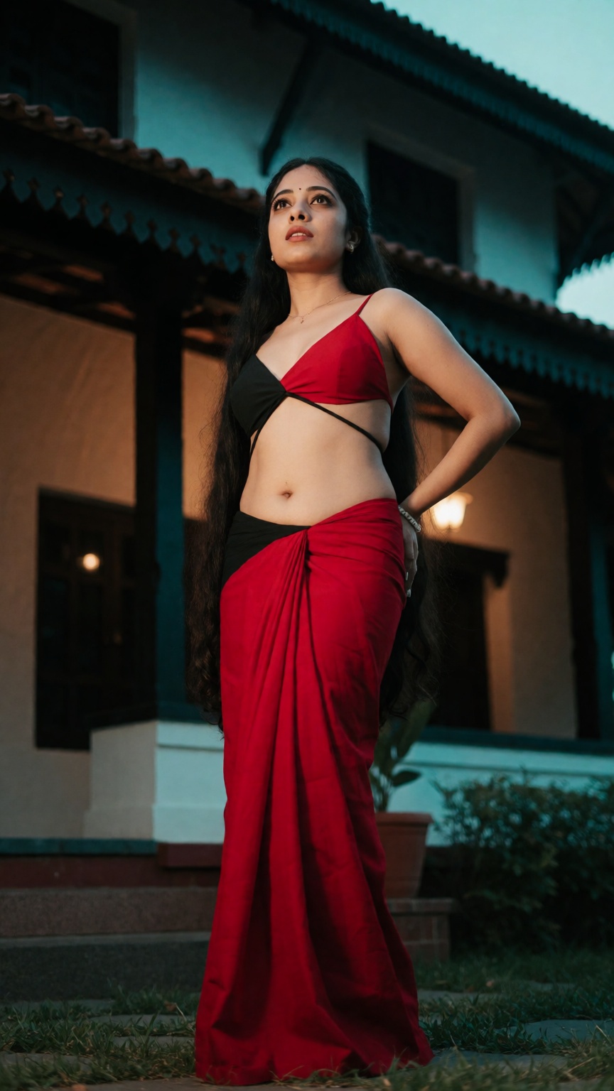 From ground level in a classic low-angle shot,  a transwoman with male skeletal frame and female look poses seductively ou...