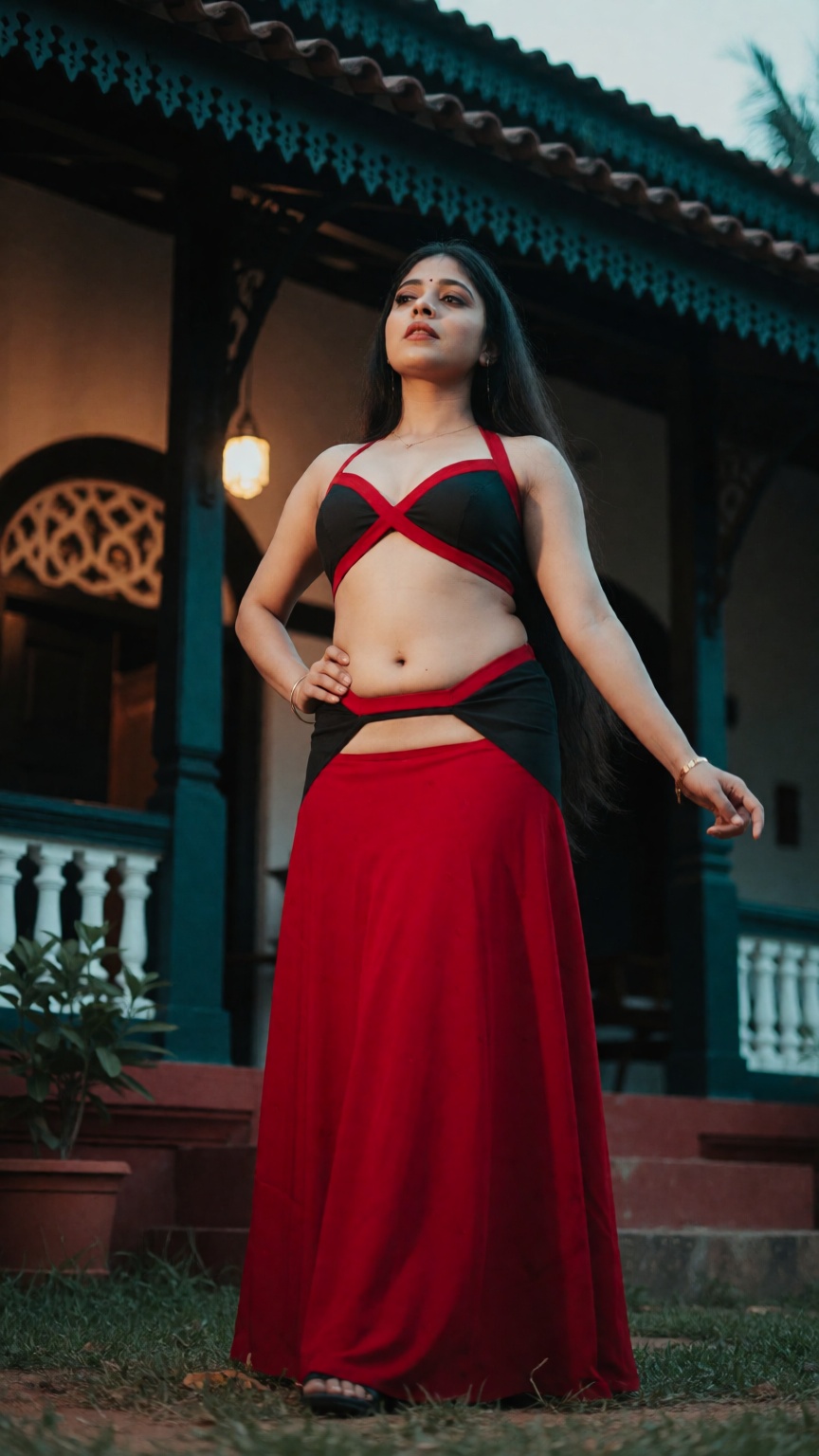 From ground level in a classic low-angle shot,  a transwoman with male skeletal frame and female look poses seductively ou...