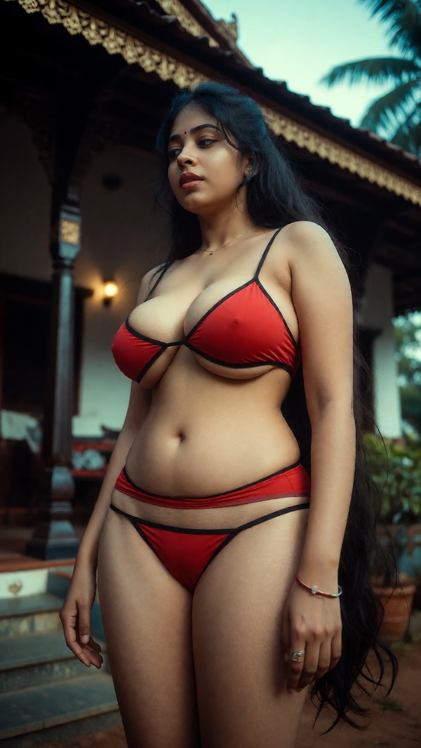 From ground level in a classic low-angle shot,  a transwoman with male skeletal frame and female look poses seductively ou...