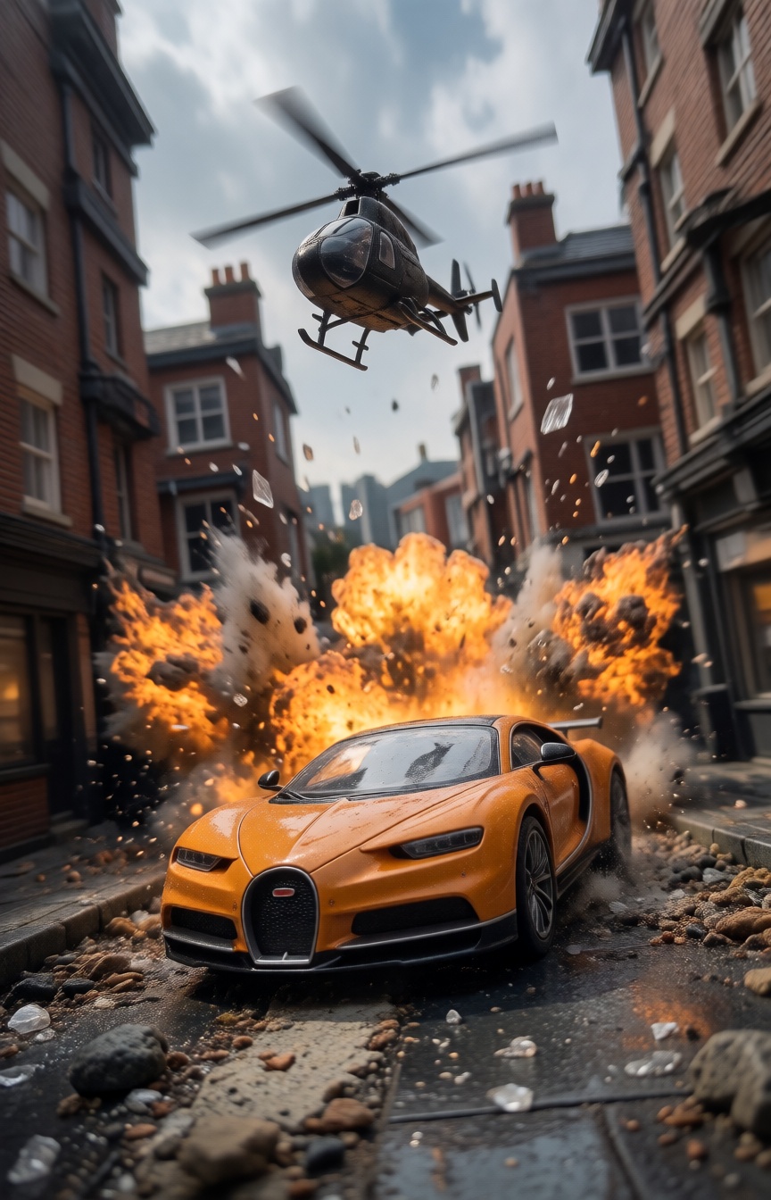 A miniature Diorama scene of a sleek,  orange supercar speeding toward the viewer,  narrowly escaping a massive explosion....