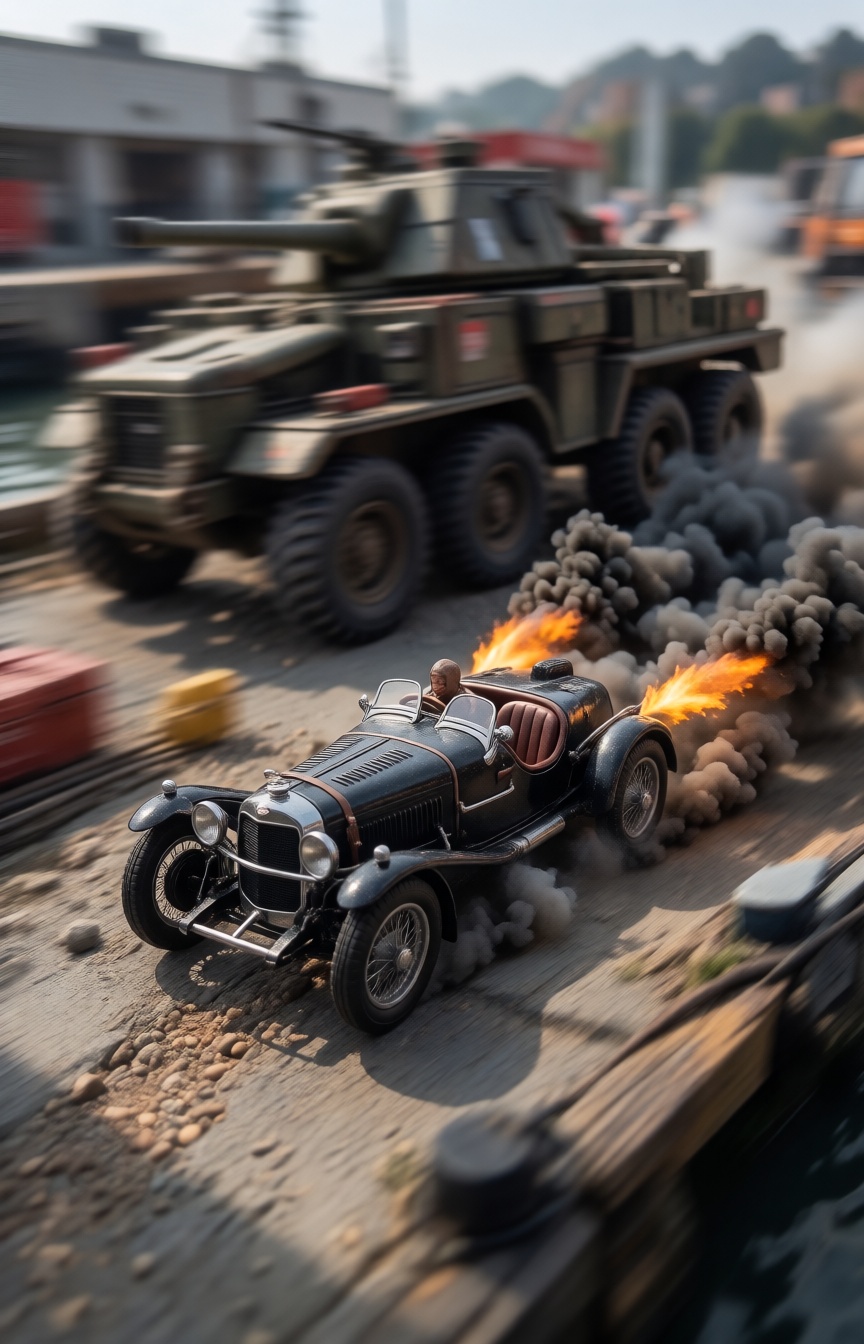 A miniature Diorama scene of a Hyper-focused photograph of a sleek,  high-mobility vintage speedster charging through a fl...