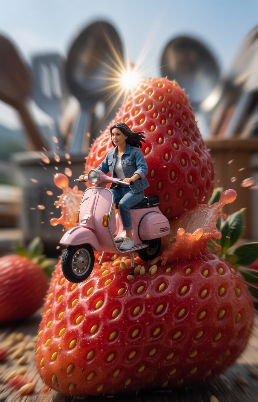 A miniature Diorama scene of a macro action photograph in a miniature world,  capturing a tiny,  highly detailed plastic m...