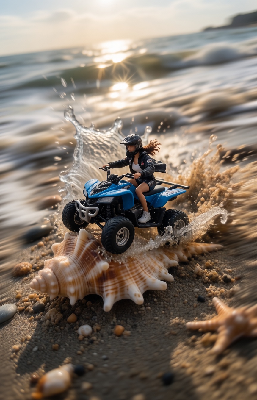 A miniature Diorama scene of a spectacular macro tracking panning photograph capturing a miniature female rider in a sport...