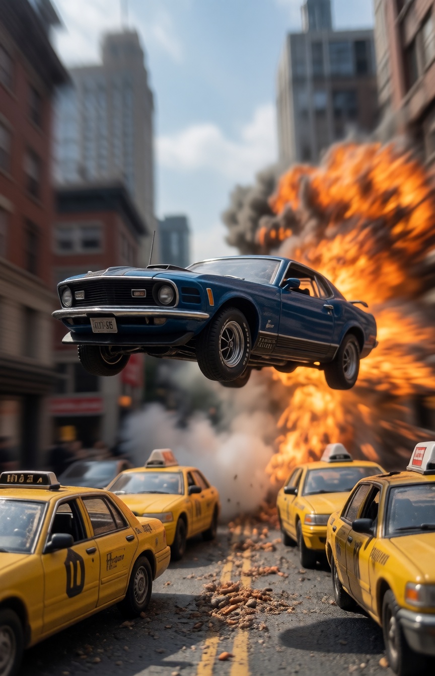A miniature Diorama scene of a Low-angle perspective of a vintage midnight blue 1970 Ford Mustang Mach 1 flying over a row...