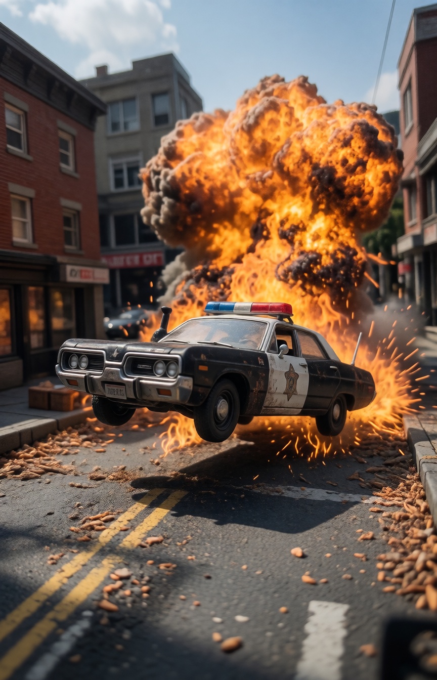 A miniature Diorama scene of a gritty,  1970s cinema-style action shot of a classic vintage Plymouth Fury police cruiser l...