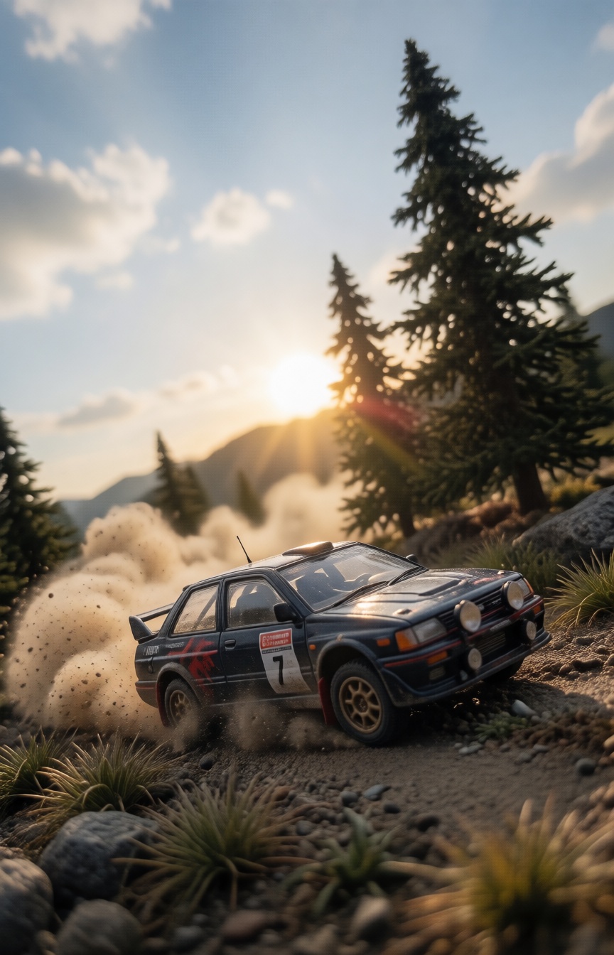A miniature Diorama scene of an extreme low-angle,  cinematic shot of a miniature Nissan Sunny GTI-R rally car. The sun is...