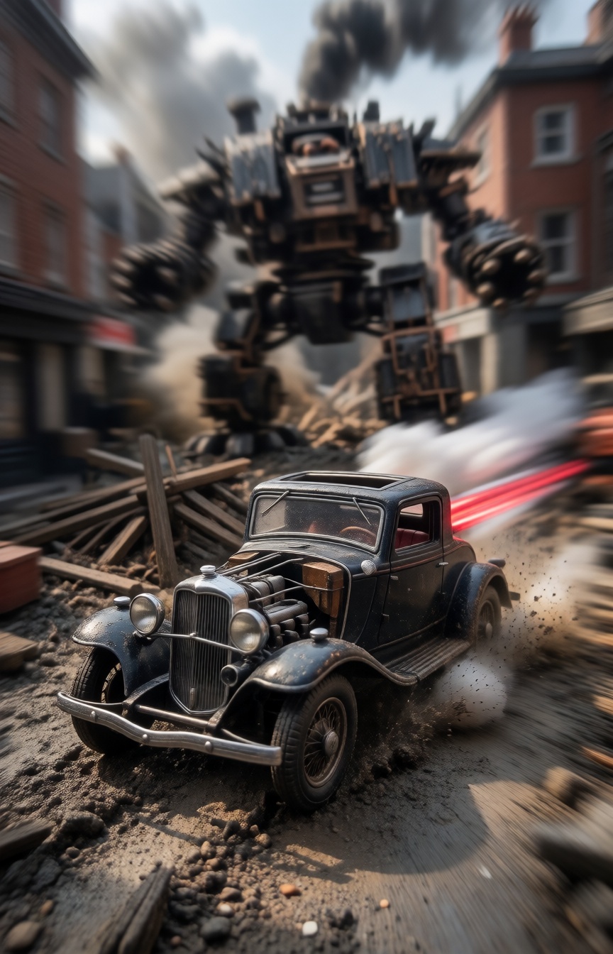 A miniature Diorama scene of a Razor-sharp,  high-speed photography focusing on a fast 1930s coupe drifting around a muddy...