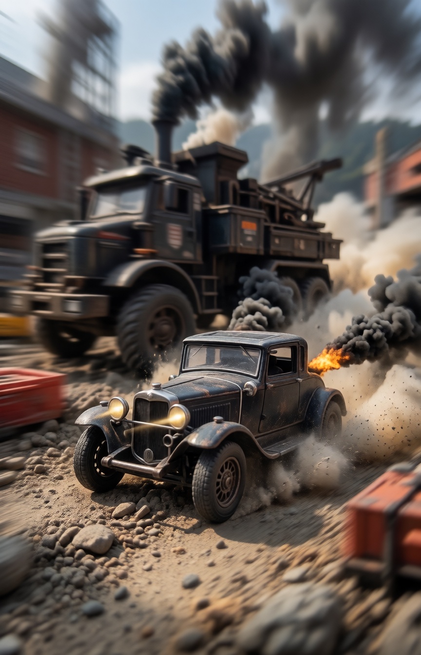 A miniature Diorama scene of Razor-sharp action shot of a heavy vintage coupe charging through a dusty construction zone....