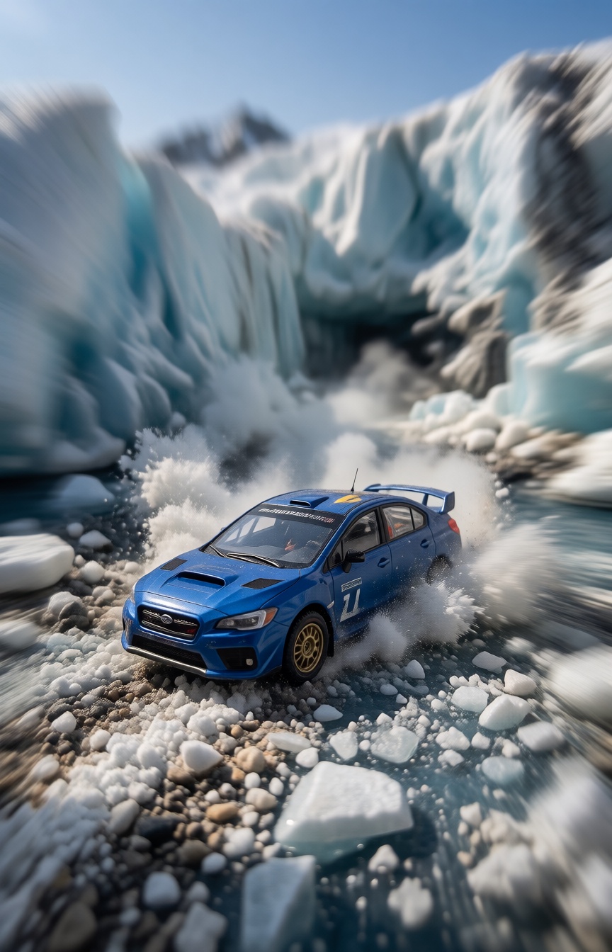 A miniature Diorama scene of An extreme action shot of a blue Subaru WRX STI rally car drifting on a cracking glacial fjor...