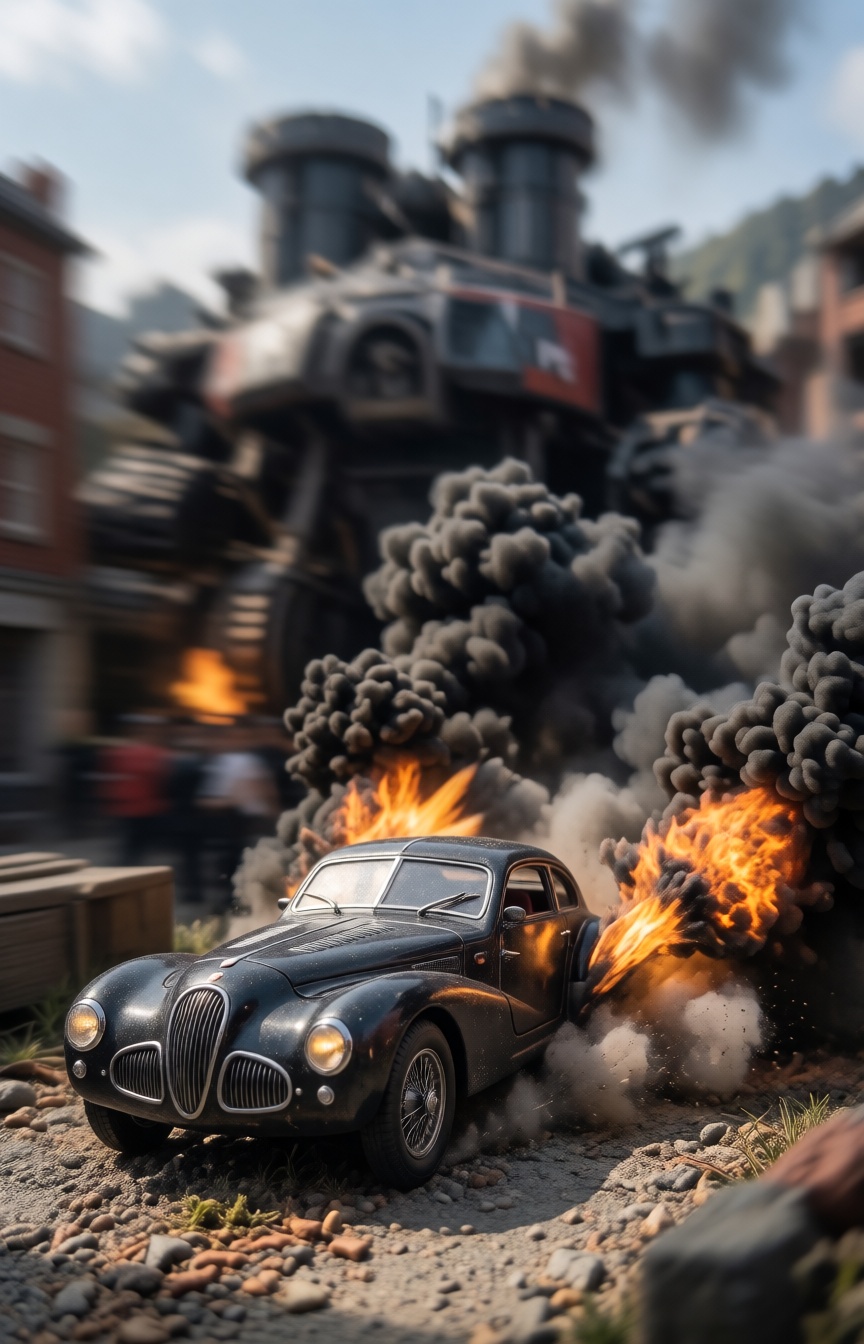 A miniature Diorama scene of An extraordinary tracking shot with a sleek,  custom-built 1940s racing coupe in 100% razor-s...