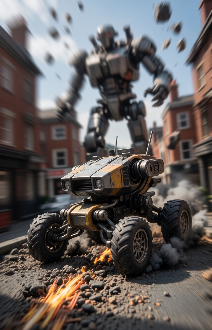 A miniature Diorama scene of a Action photograph focusing sharply on a compact,  four-wheeled Mecha Hybrid tearing up a Vi...