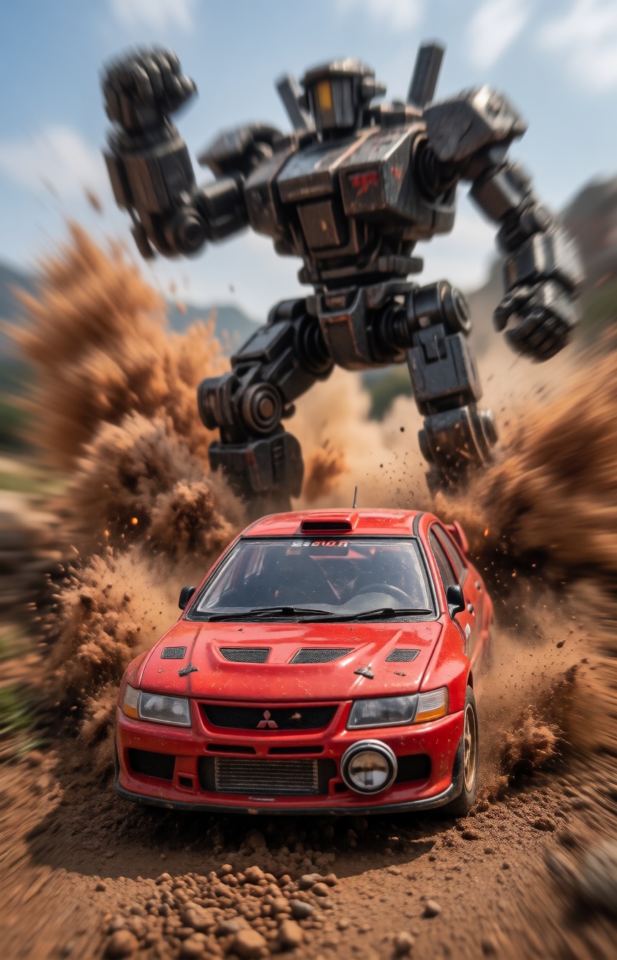 A miniature Diorama scene of the Hyper detailed front tracking shot of a red Mitsubishi Lancer Evolution VI rally car plow...