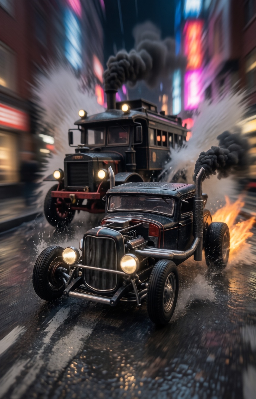 A miniature Diorama scene of a pin-sharp tracking shot of a matte-black custom vintage hot rod power-sliding through wet c...