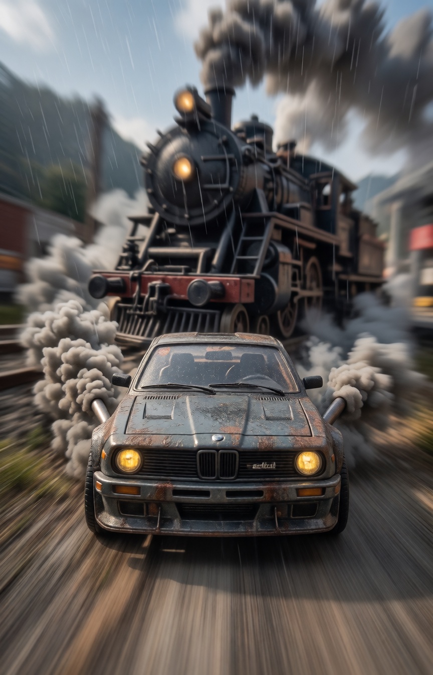 A miniature Diorama scene of a actical front-view shot of a brutalist,  steam-injected vintage coupe sprinting directly at...