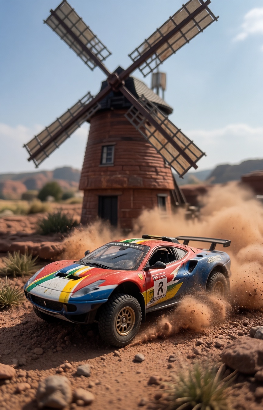 A miniature Diorama scene Main Subject: Off-road Ferrari (Baja Style). The Windmill: A windmill acting as a sand-spitter....