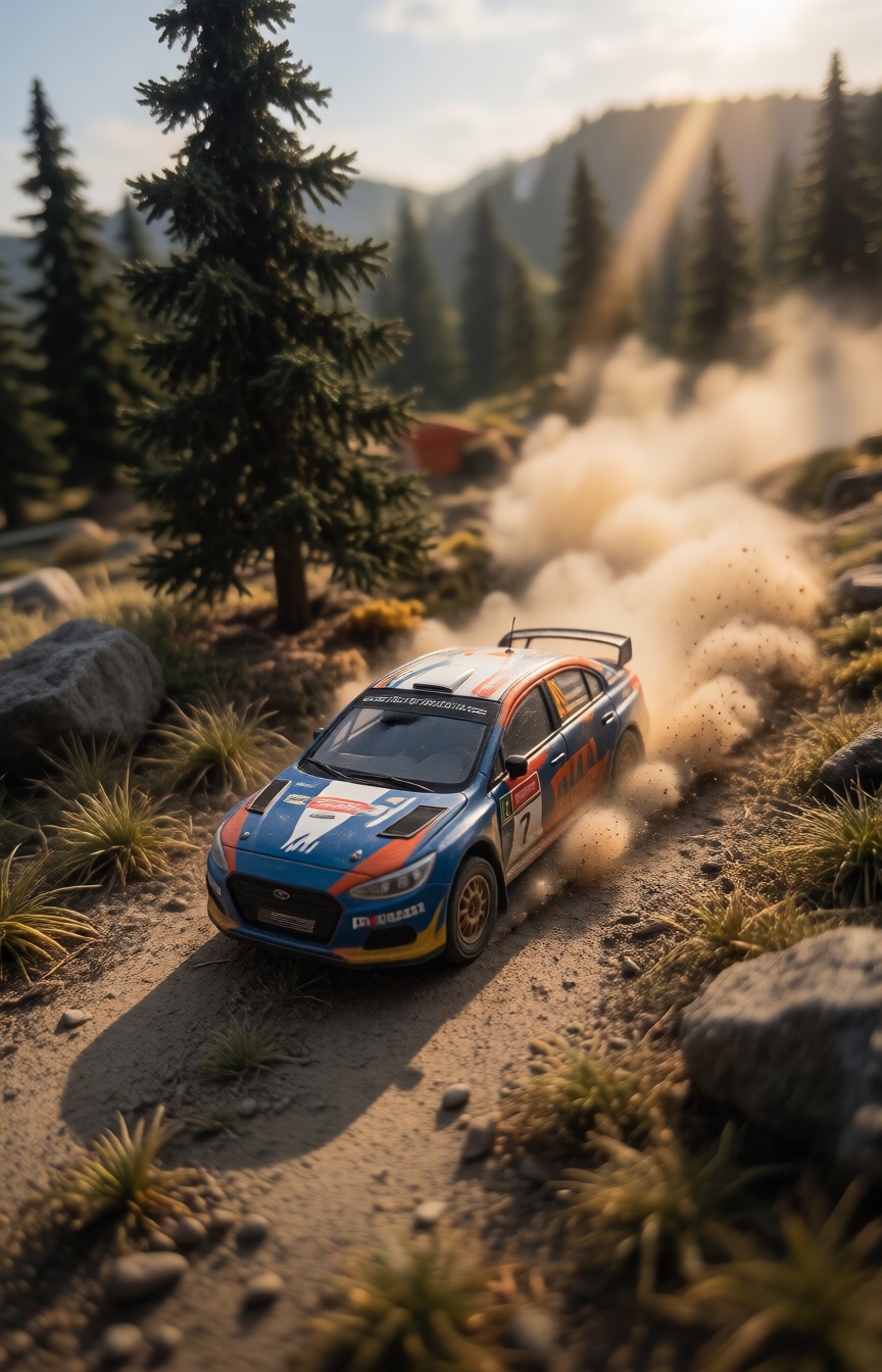 A miniature Diorama scene of a rally car bathed in dramatic,  warm golden hour sunlight. A long,  soft shadow of a large p...