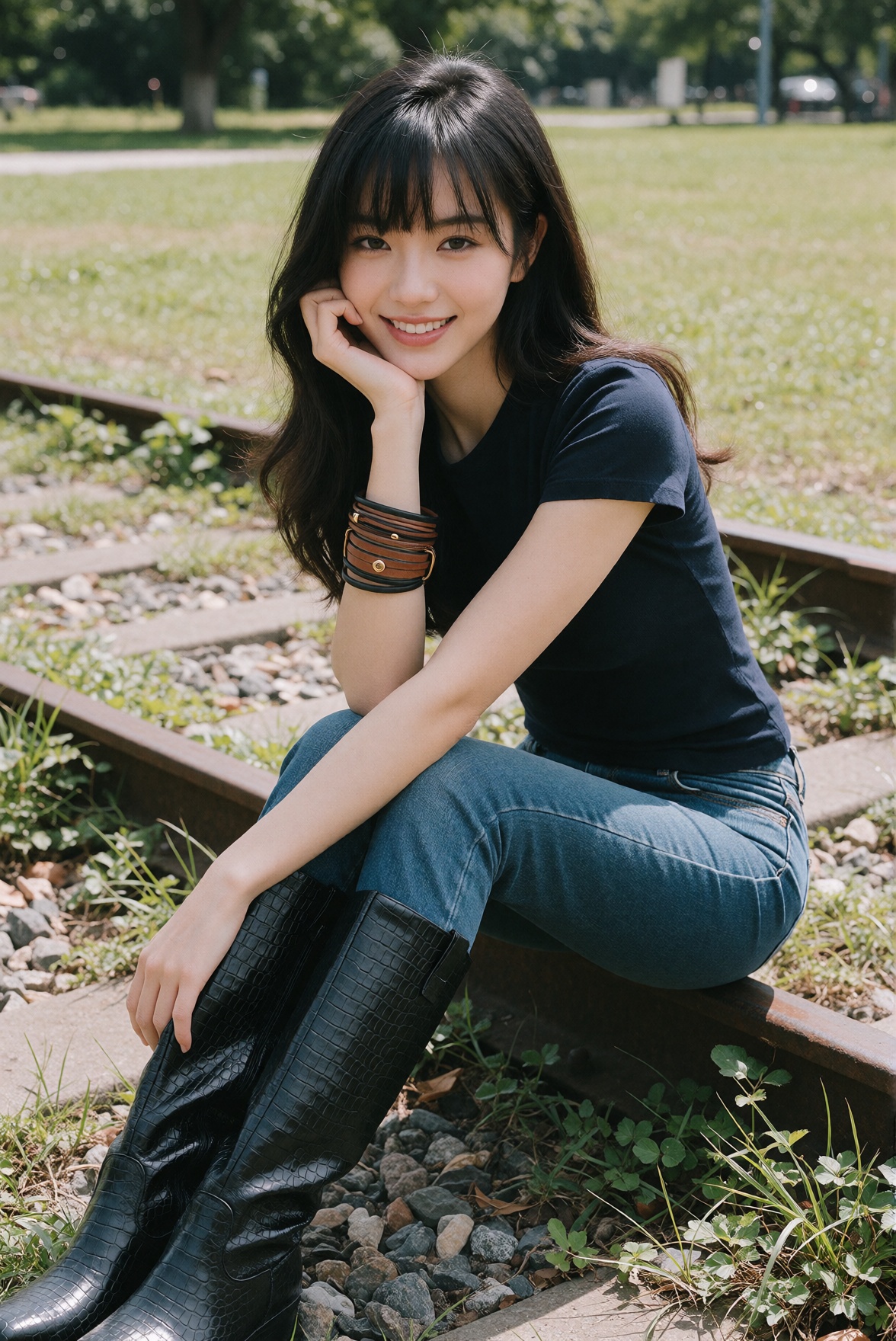 a young Chinese beauty is seated casually on an old railway track surrounded by a grassy park. She is captured in a natura...