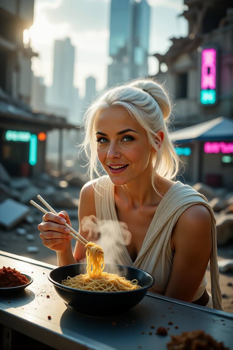 In the midst of a half-destroyed futuristic city,  where crumbling skyscrapers with shattered glass glint in the waning su...