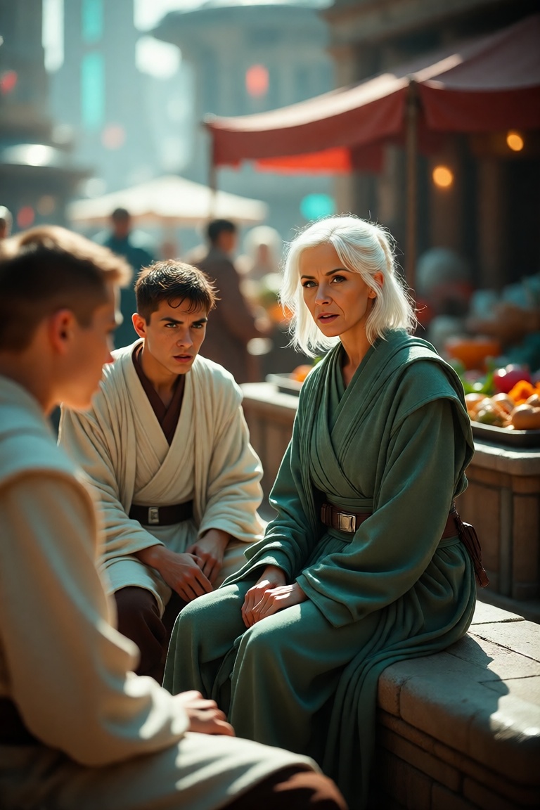 In a futuristic,  bustling urban setting on an alien planet,  a strikingly beautiful woman in her fifties sits confidently...