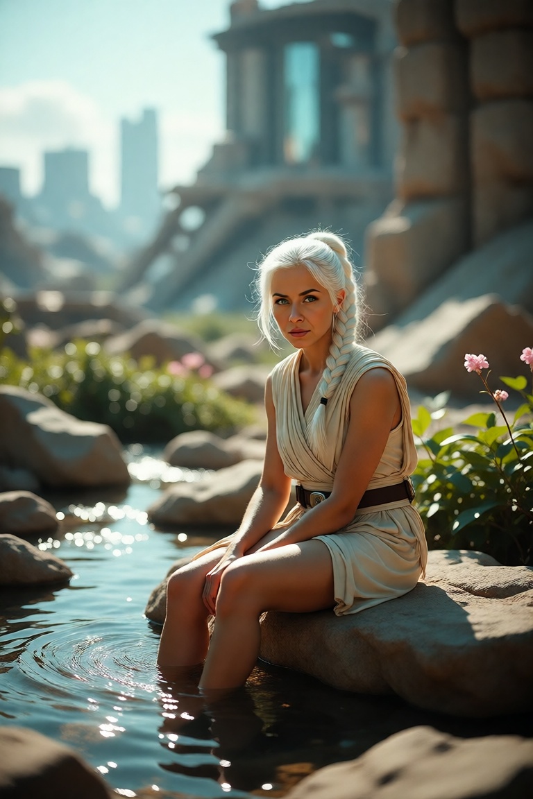 In a serene,  leafy glade within a futuristic city park,  a petite 40 years old on Tensor.Art