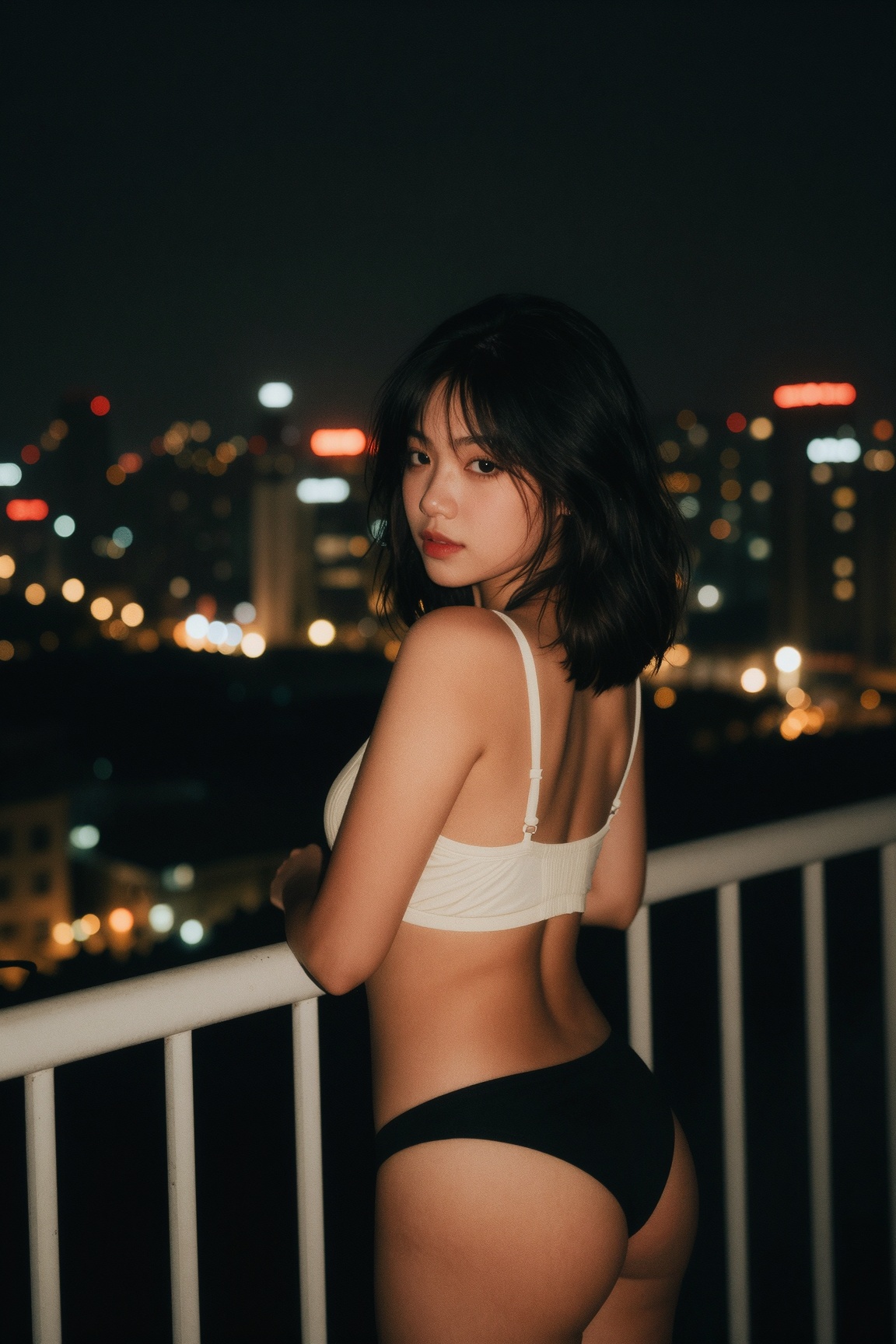 { "image_description": "A moody,  low-light photograph of a woman standing on a high-rise balcony at night,  with a vibran...