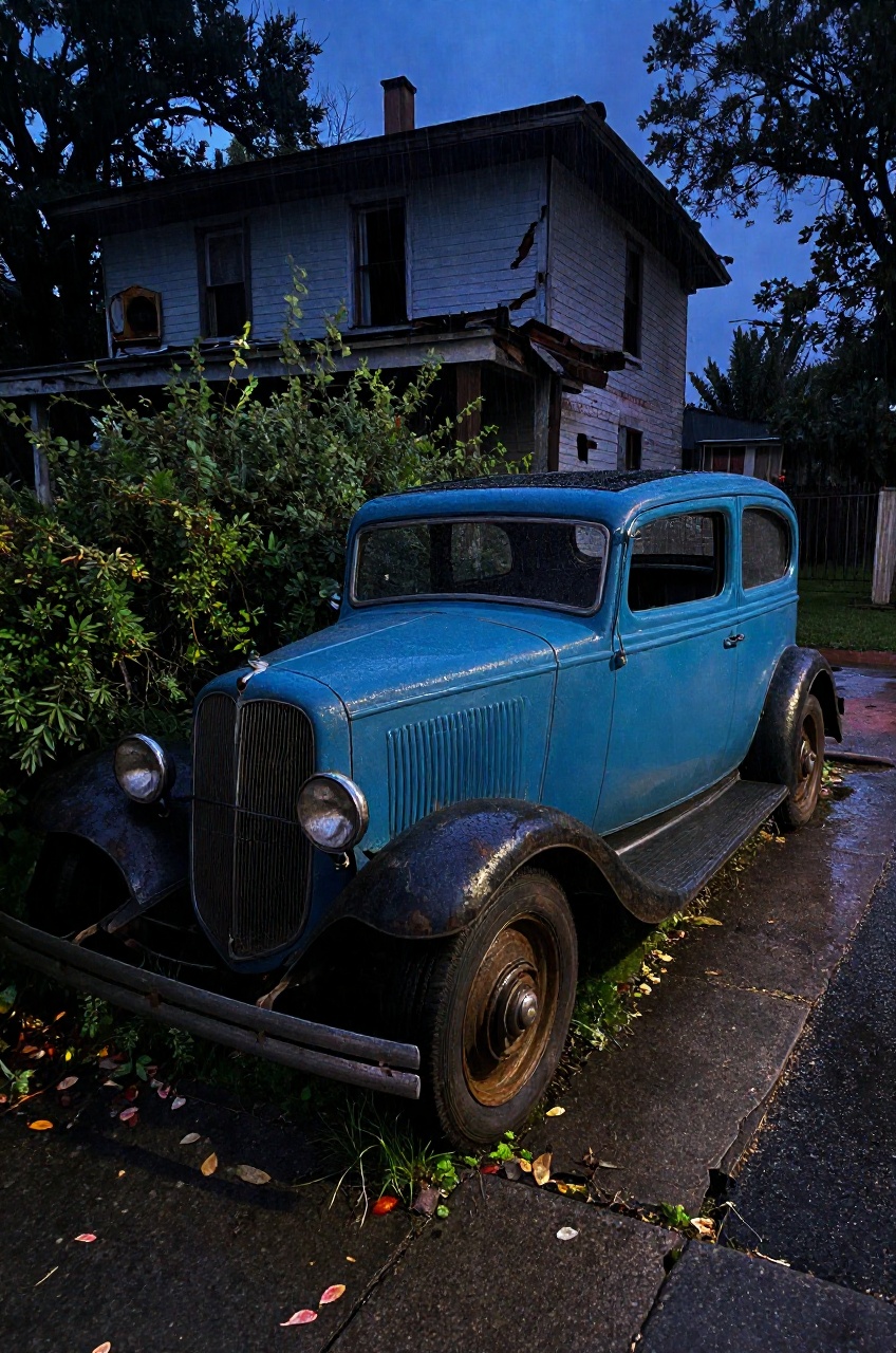A decrepit scene unfolds: a 1932 Ford Tudor Sedan,  faded blue hue glistening under strobe light's eerie glow. Framed at a...