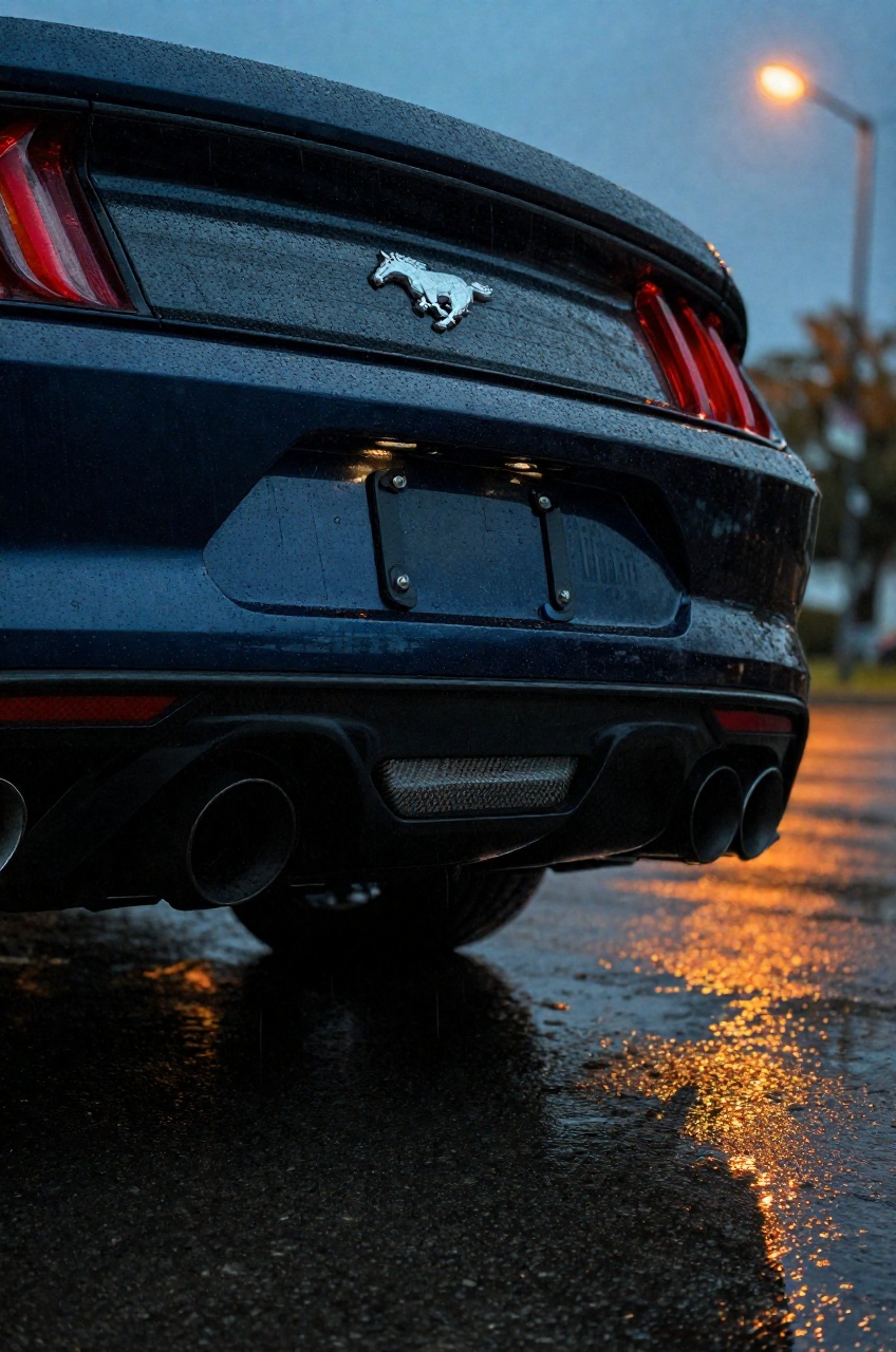 A dark Ford Mustang GT featuring prominent rear dual exhaust pipes and a metallic galloping pony emblem serves as the main...