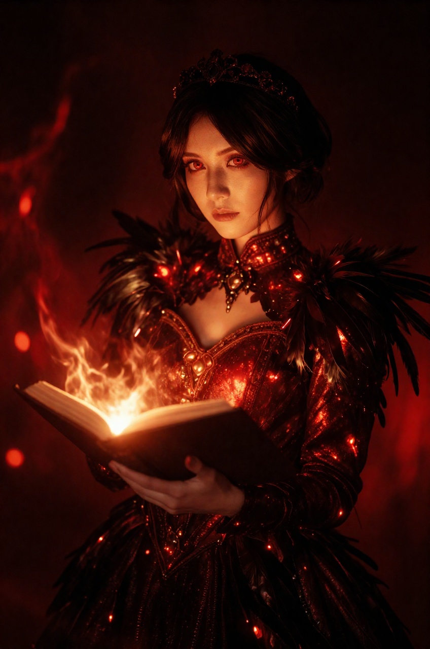 A vivid photograph captures a young woman with intense glowing red eyes and dark short hair adorned with a subtle dark flo...