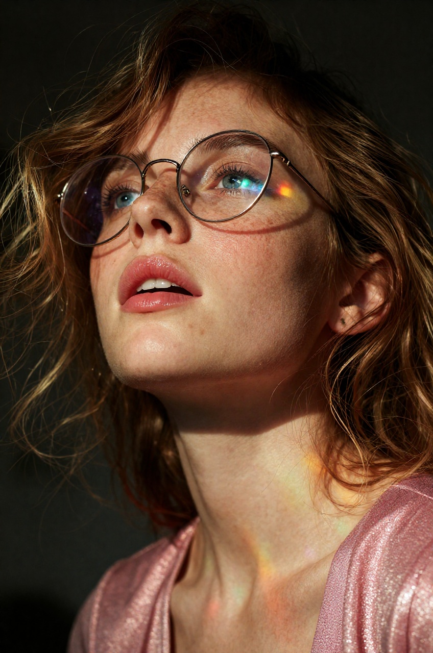 A vivid photograph highlights a young woman with freckled skin,  glossy pink lips,  and messy wavy hair strands on Tensor.Art