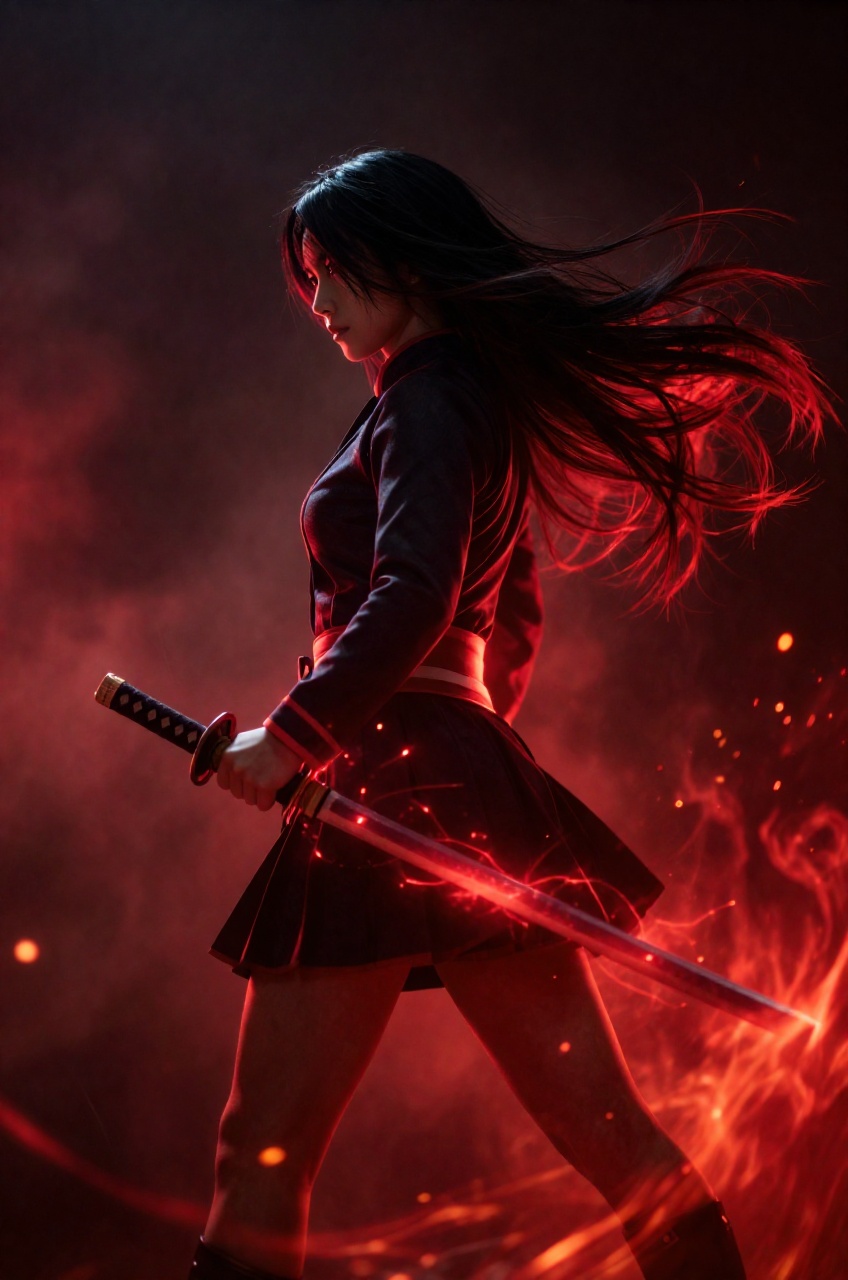A vivid photograph captures a dark female warrior standing in a focused profile posture,  holding a sheathed katana at her...