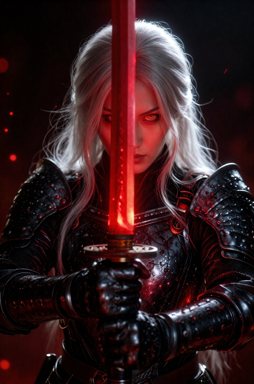 A vivid photograph captures a fierce warrior holding a glowing red katana directly in front of her face in an intense,  ba...