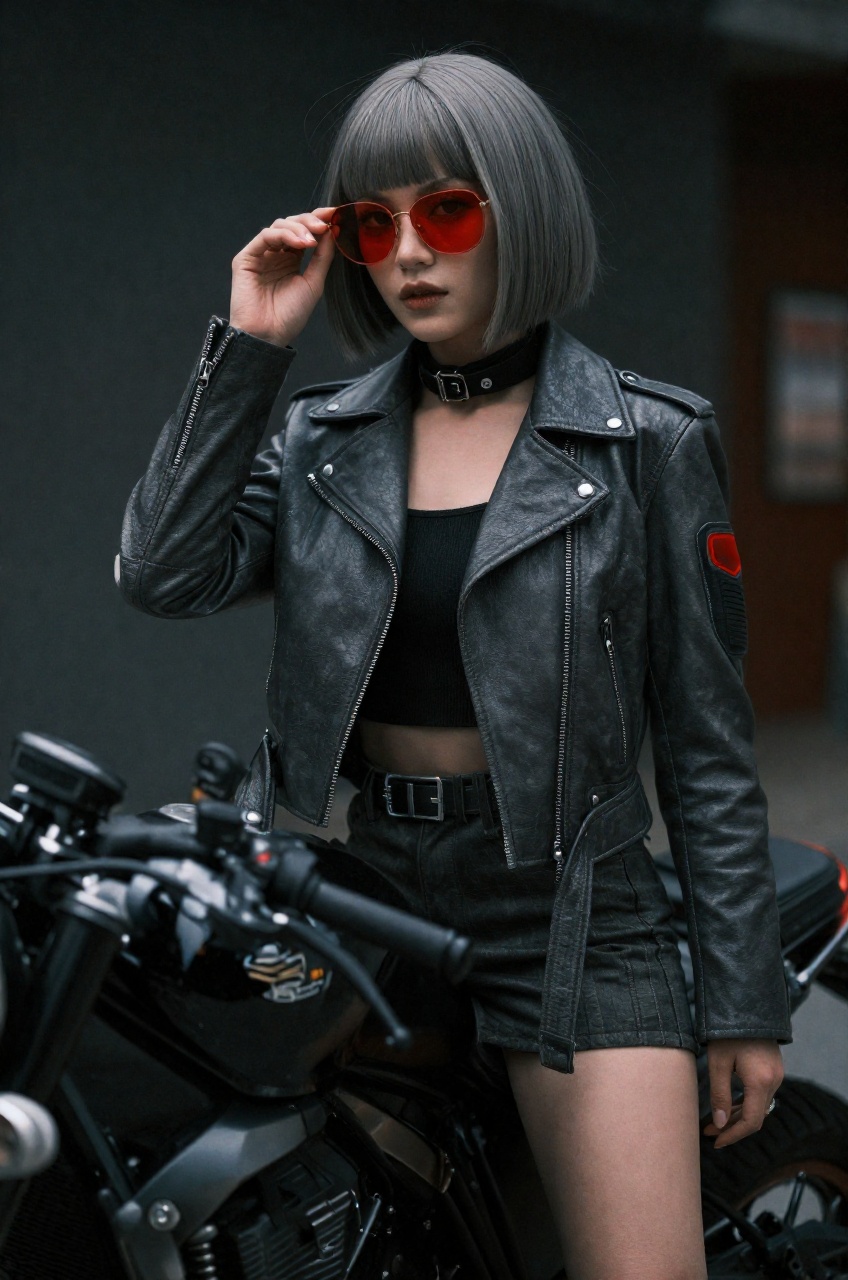 a cyberpunk woman with bobcut grey hair,  red sunglasses,  stylish cyberpunk outfit. leather jacket on Tensor.Art