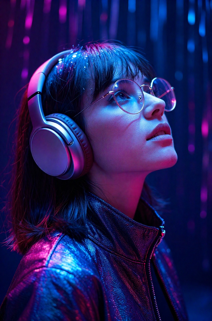 A vivid photograph captures a young woman tilting her head upward in awe while wearing sleek metallic headphones and round...