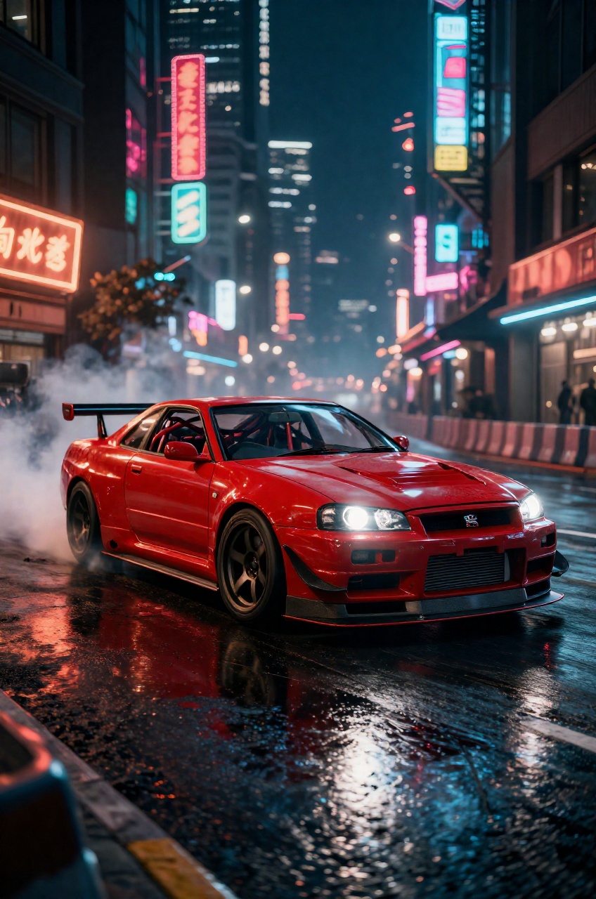 Bright artificial lights illuminate a dynamic medium shot slightly from a low and angled viewpoint,  showcasing a red Niss...
