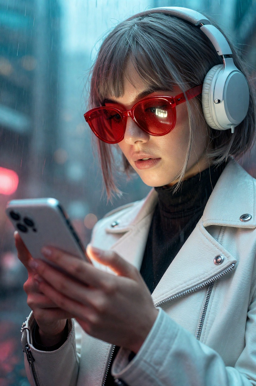 close-up of a young woman with bobcut grey hair,  red sunglasses,  white headphone on Tensor.Art