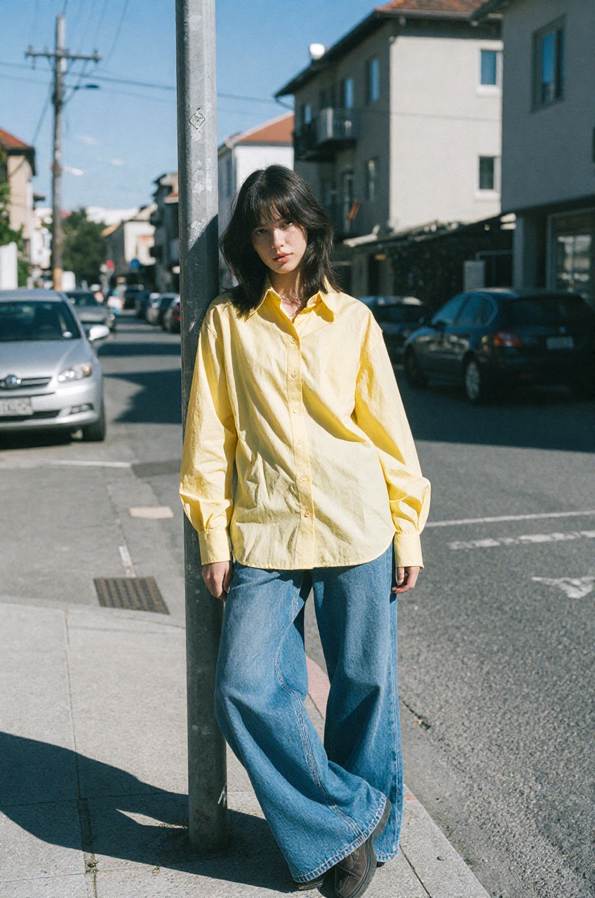 A vivid photograph captures a young woman standing on an urban street,  leaning casually against a metal pole while lookin...