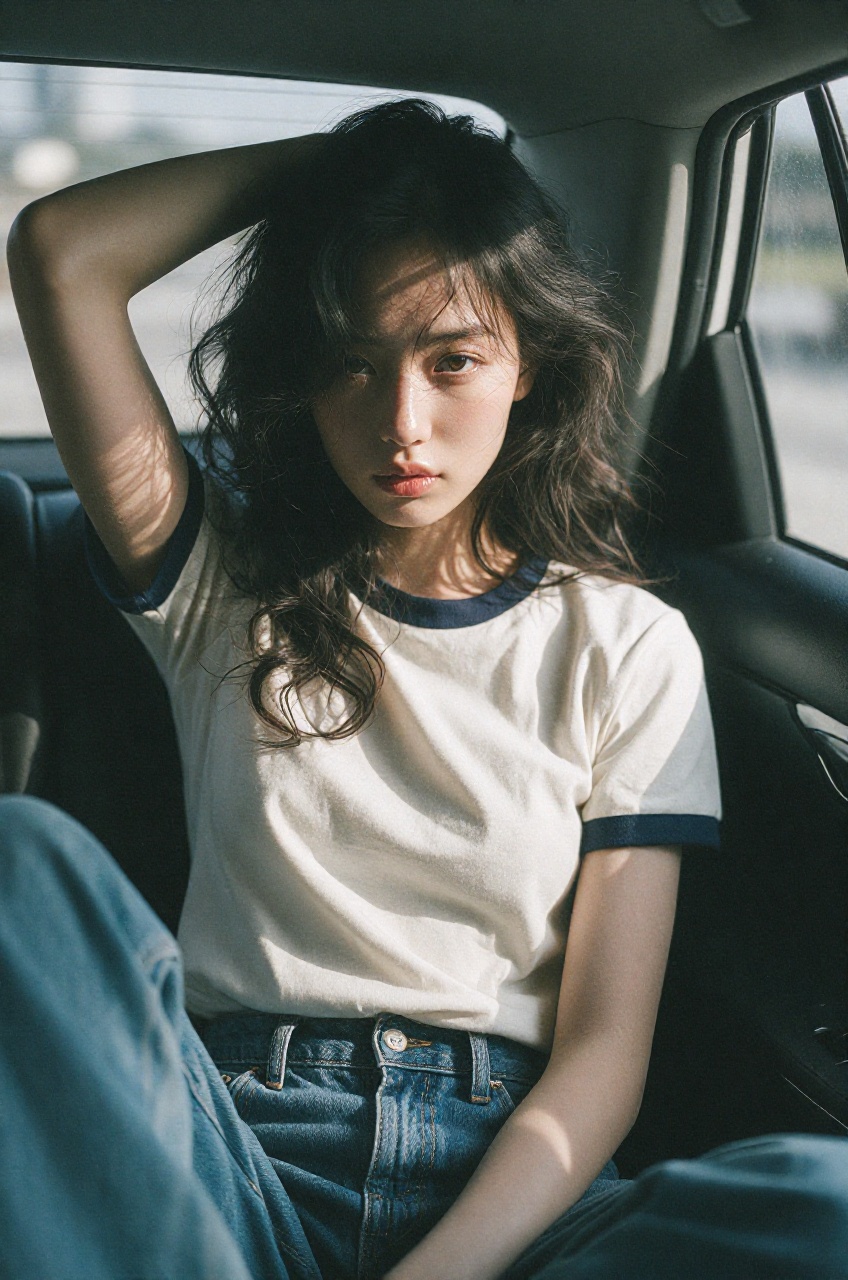 A vivid photograph depicts a young East Asian woman sitting inside a vehicle,  leaning casually against the car interior w...