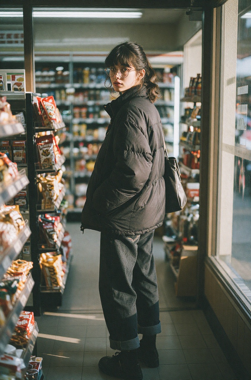 A vivid photograph features a young woman standing inside a convenience store,  turning her body sideways while looking ba...