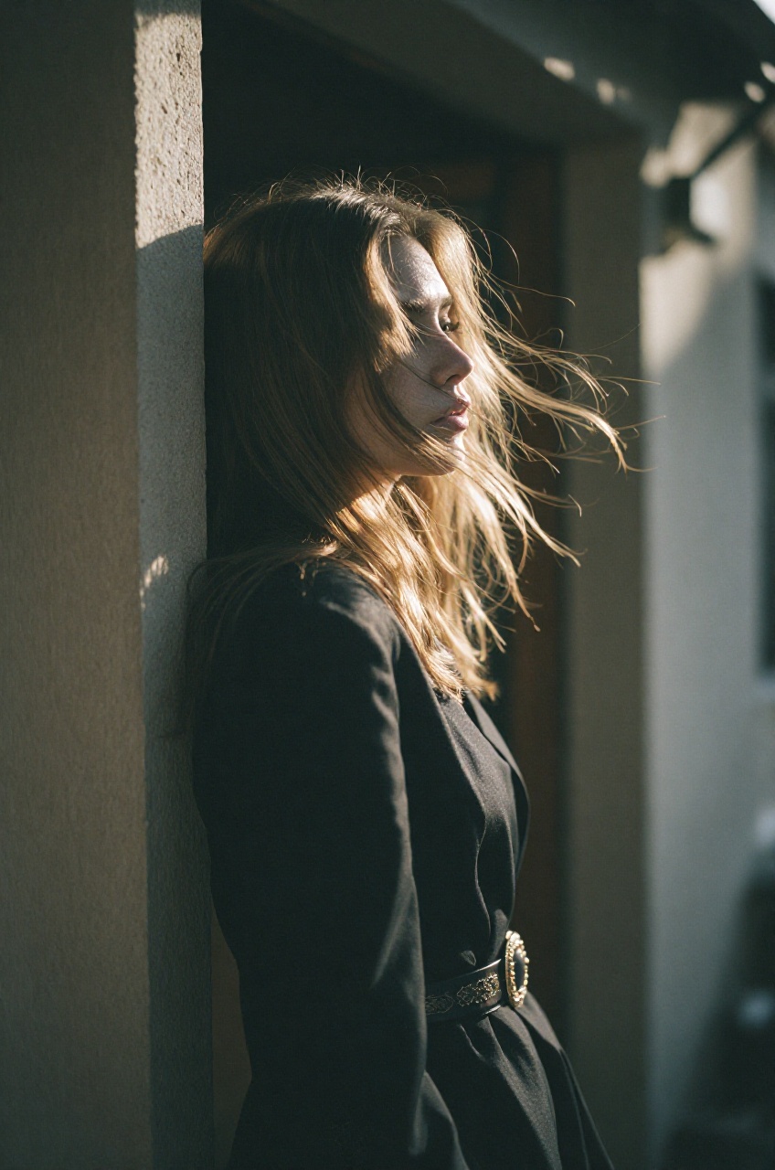 A vivid photograph features a young woman standing near an open doorway,  turned in profile with her head slightly raised...