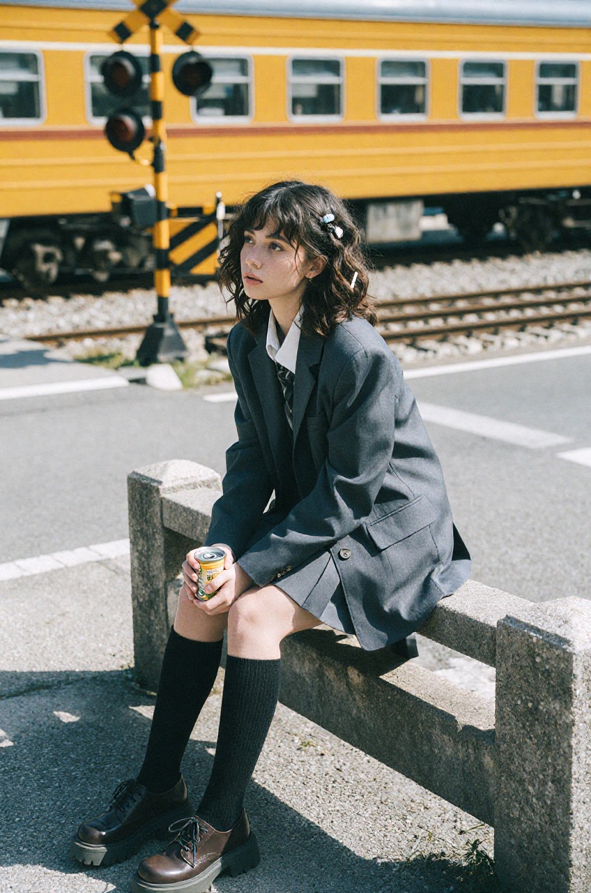 A vivid photograph captures a young woman sitting on the railing of an outdoor stone staircase near a railway crossing,  l...