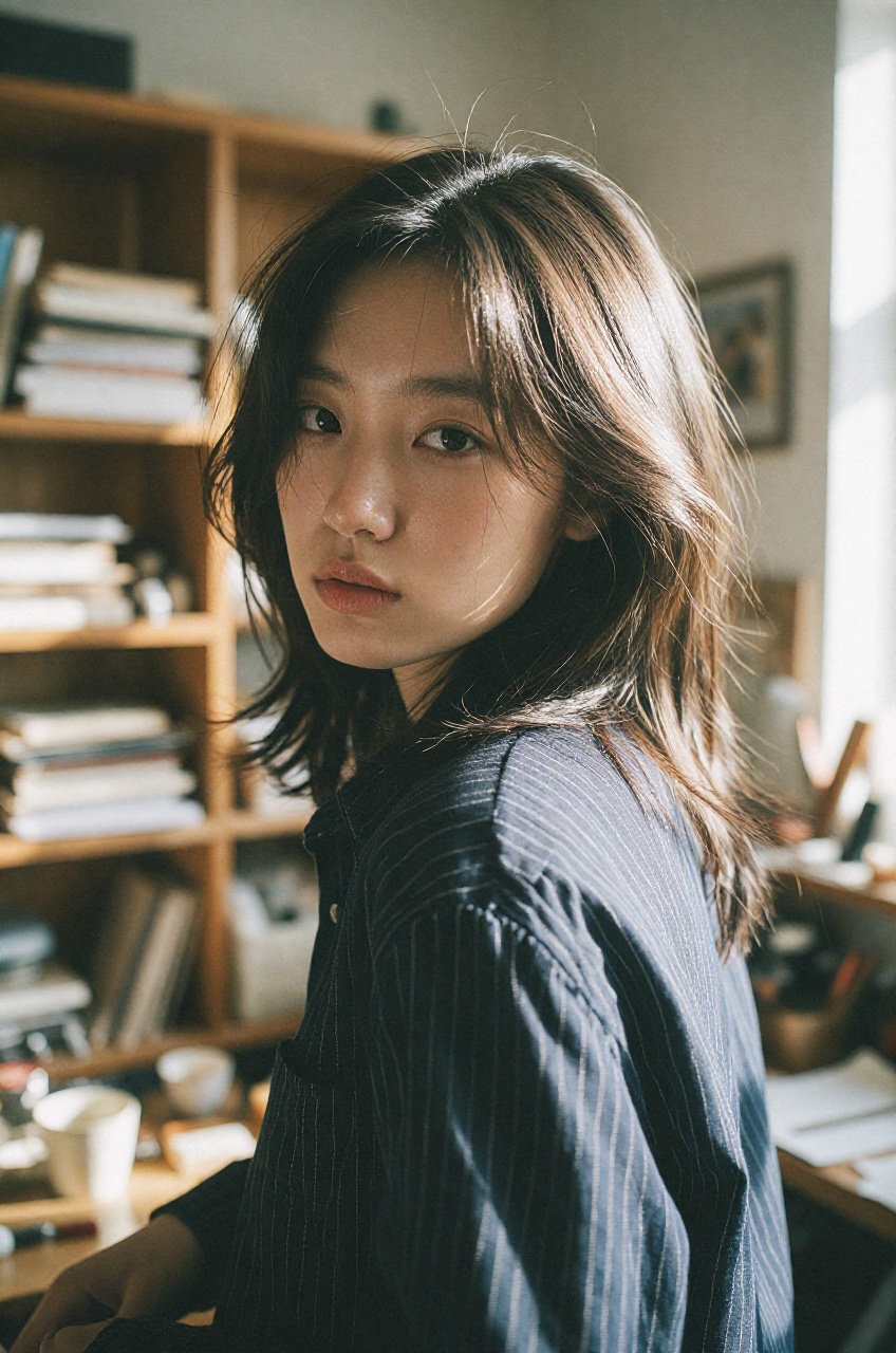 A vivid photograph captures a young East Asian woman turned sideways while looking back over her shoulder with a soft,  th...