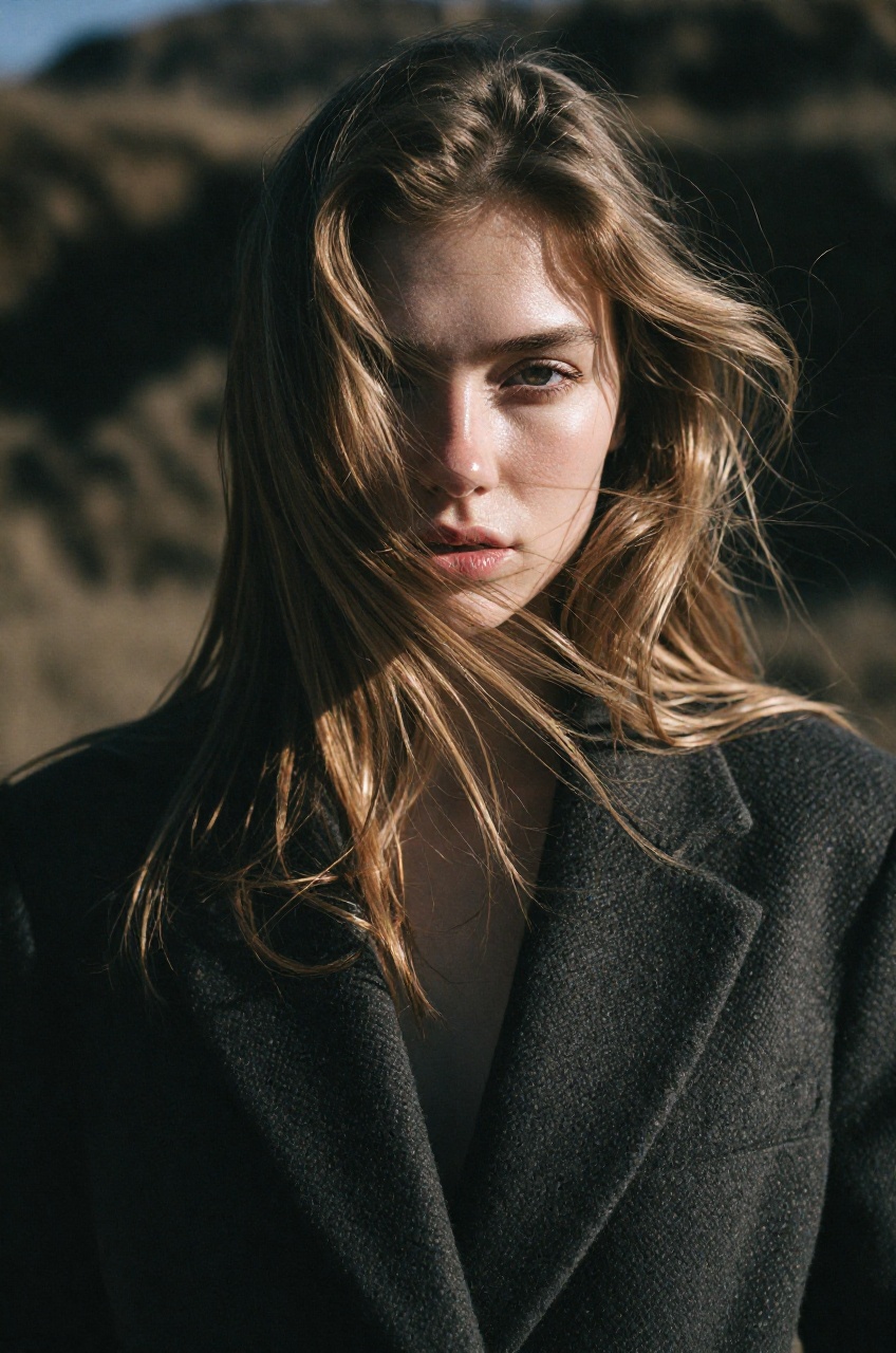 A vivid photograph captures a young woman standing outdoors,  facing forward while a gust of wind blows her long,  golden...