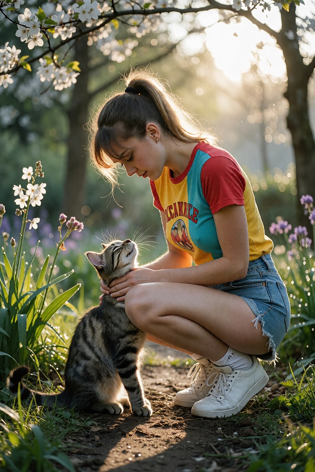 Create a serene image of a Swiss woman,  dressed in Y2K style attire—a vibrant t-shirt and high-waisted shorts—playing gen...