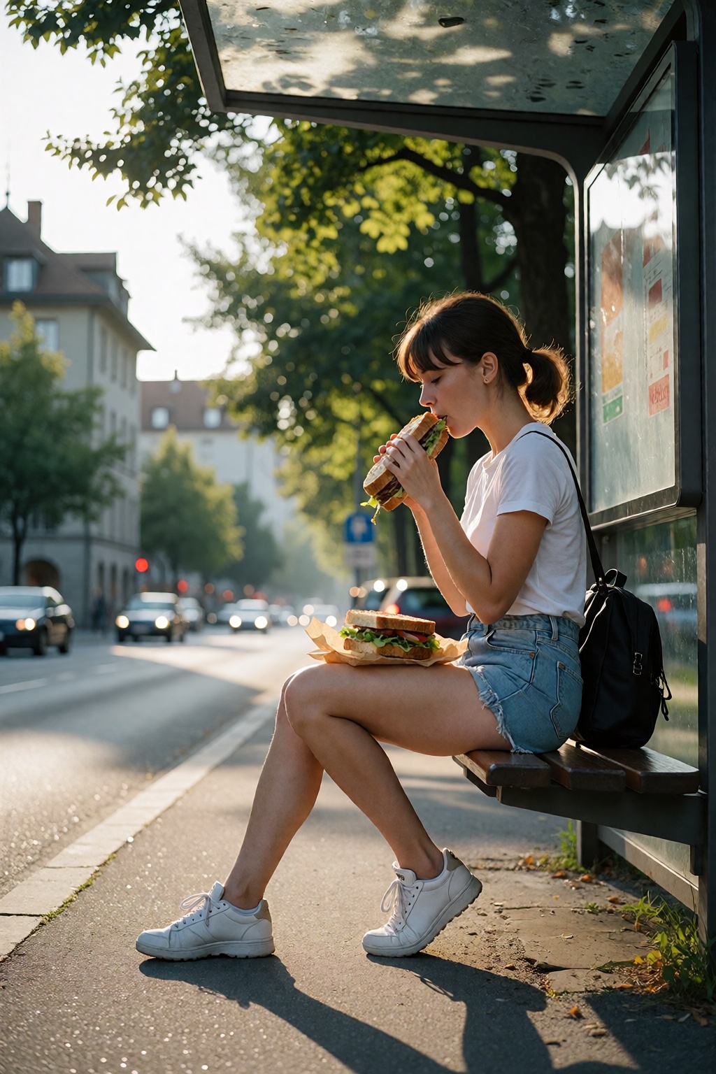 Create a serene image of a Swiss woman,  dressed in a simple t-shirt and high-waisted shorts,  sitting at a bus stop in Zu...