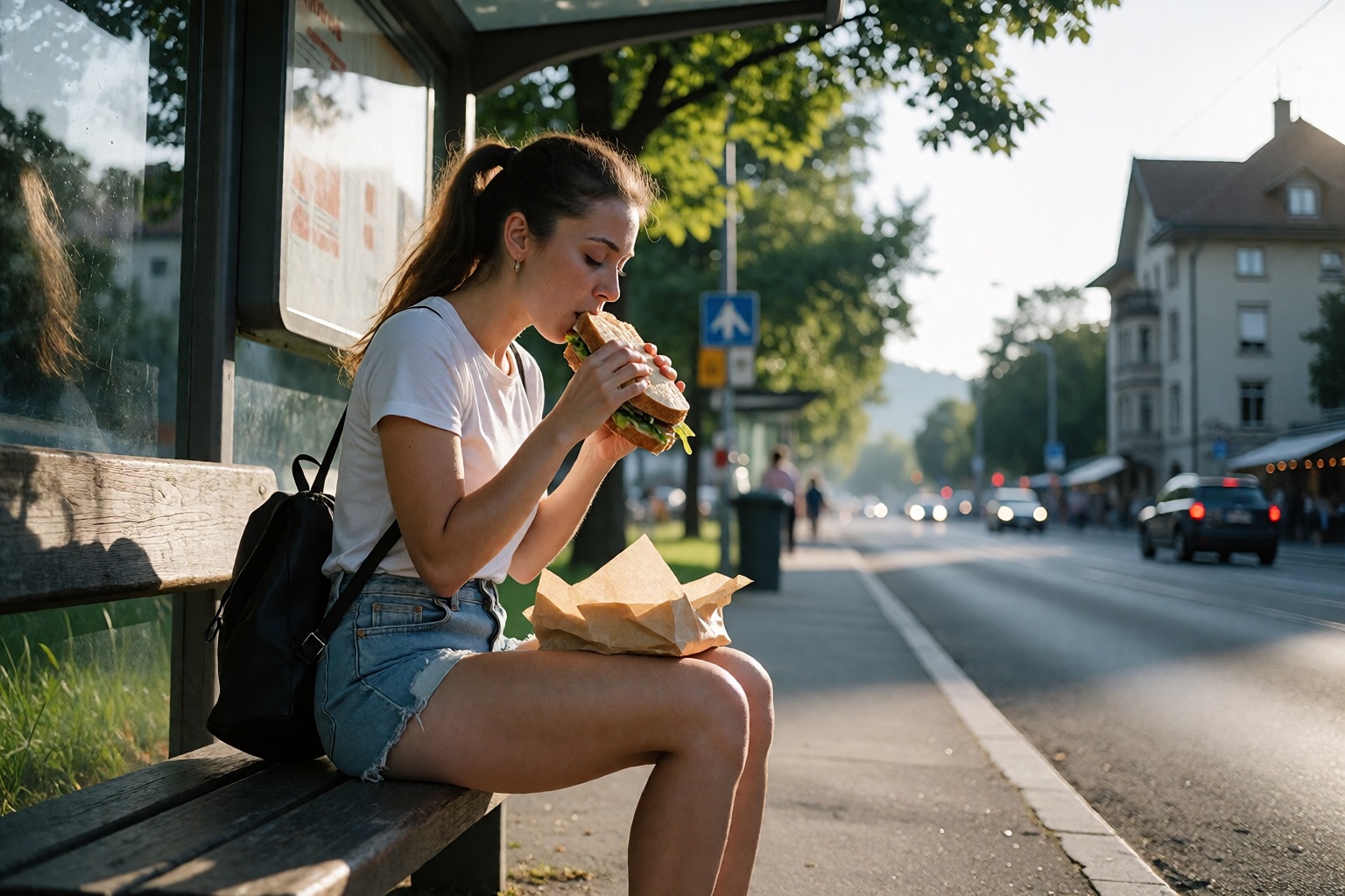 Create a serene image of a Swiss woman,  dressed in a simple t-shirt and high-waisted shorts,  sitting at a bus stop in Zu...