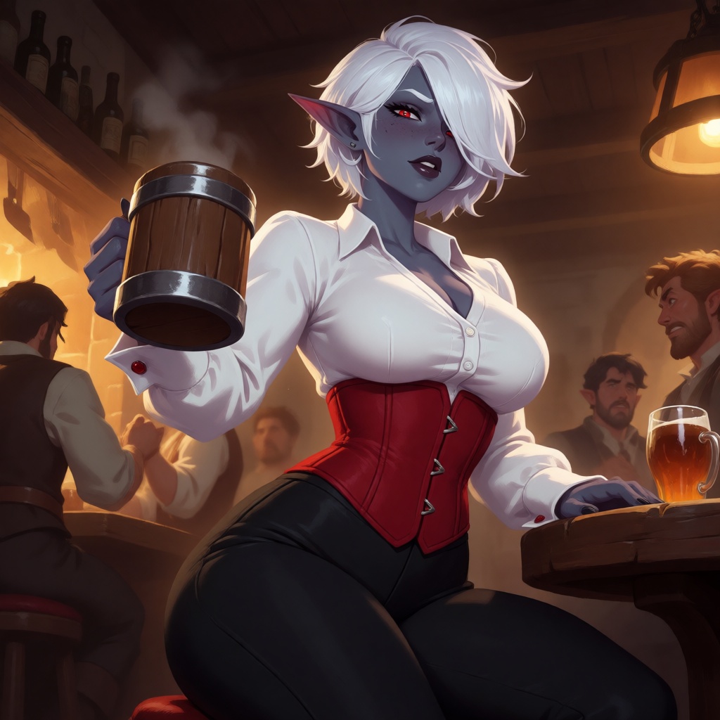 An digital,  semi-realistic illustration of a female drow. She has an attractive face,  framed by short white messy hair t...