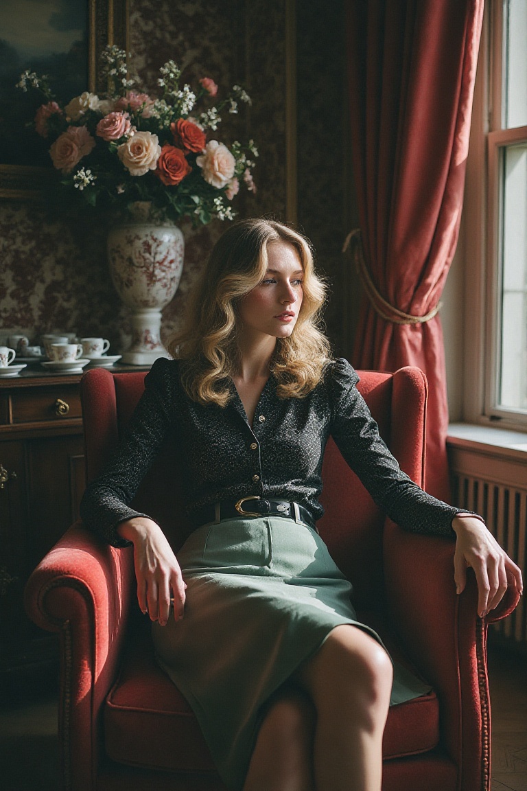 A woman sits gracefully in a plush red armchair,  reclining slightly while gazing pensive off to the side in a medium shot...