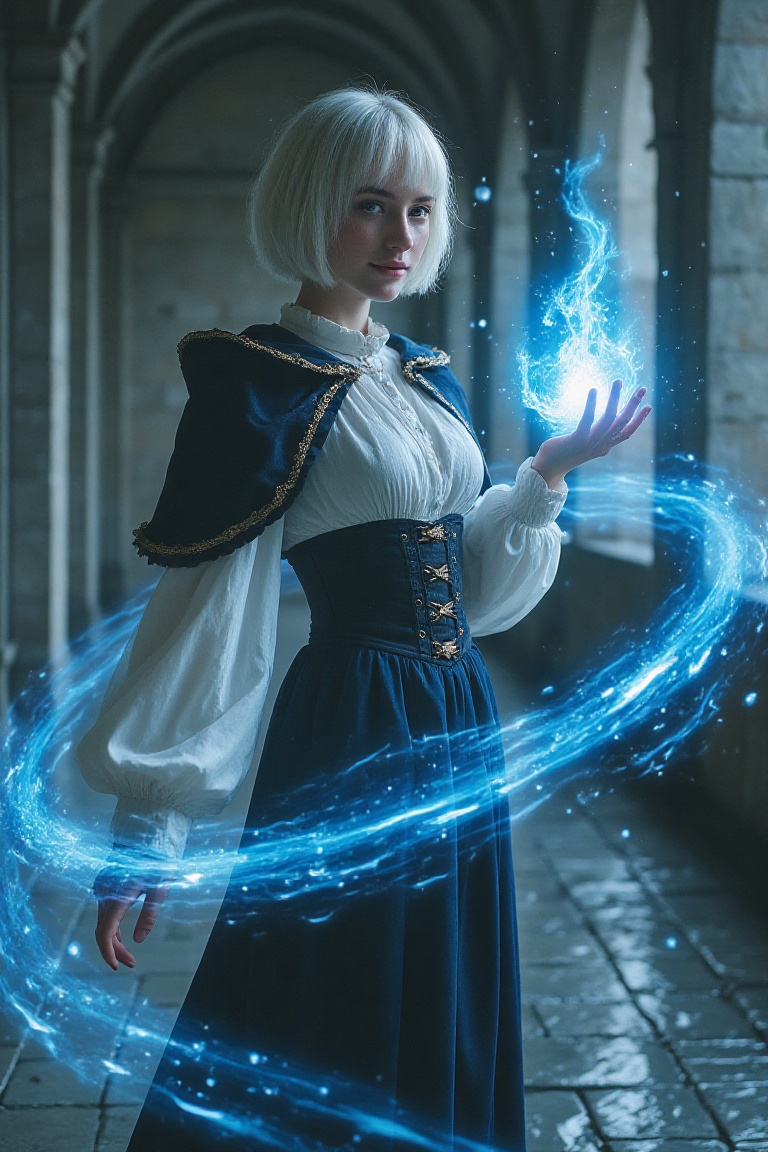 A woman with short white hair,  blunt bangs,  and piercing light blue eyes smirks confidently while summoning cyan energy...